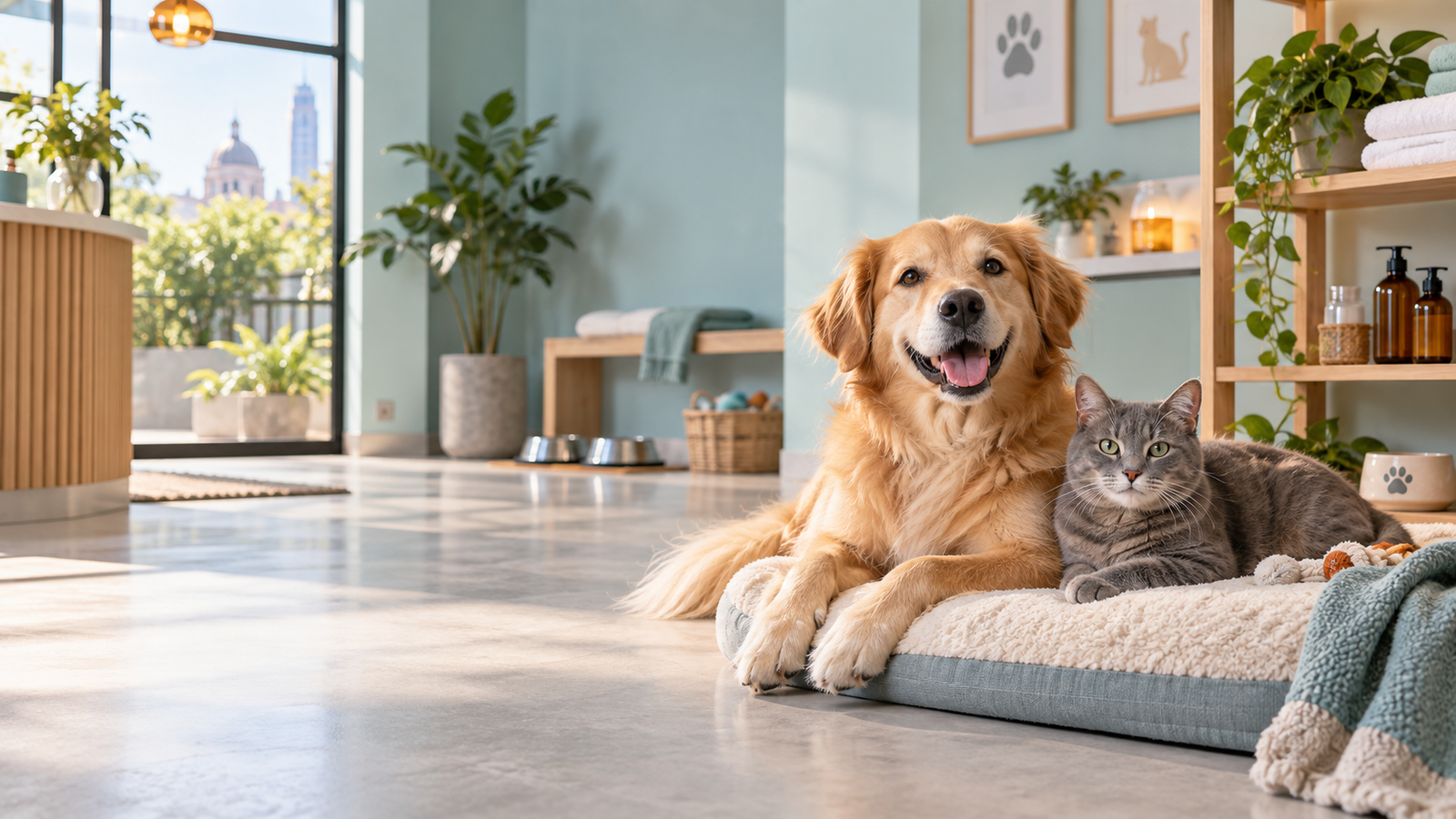 Perro y gato tranquilos en un centro de bienestar limpio y luminoso